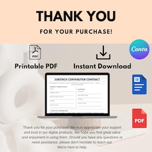 K&ouml;nnte beinhalten: Eine digitale Grafik mit dem Text "THANK YOU FOR YOUR PURCHASE!" und Symbolen f&uuml;r PDF, Sofort-Download, Canva und ein Word-Dokument. Ein Laptop zeigt einen Substack-Contributor-Vertrag an. Das Bild enth&auml;lt eine Dankesbotschaft.