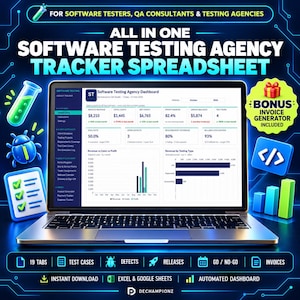 May include: A laptop displaying a software testing agency tracker spreadsheet dashboard with metrics like revenue, profit, and defect counts. The screen shows charts and tables. Surrounding icons include a test tube, a bug, and a checklist.