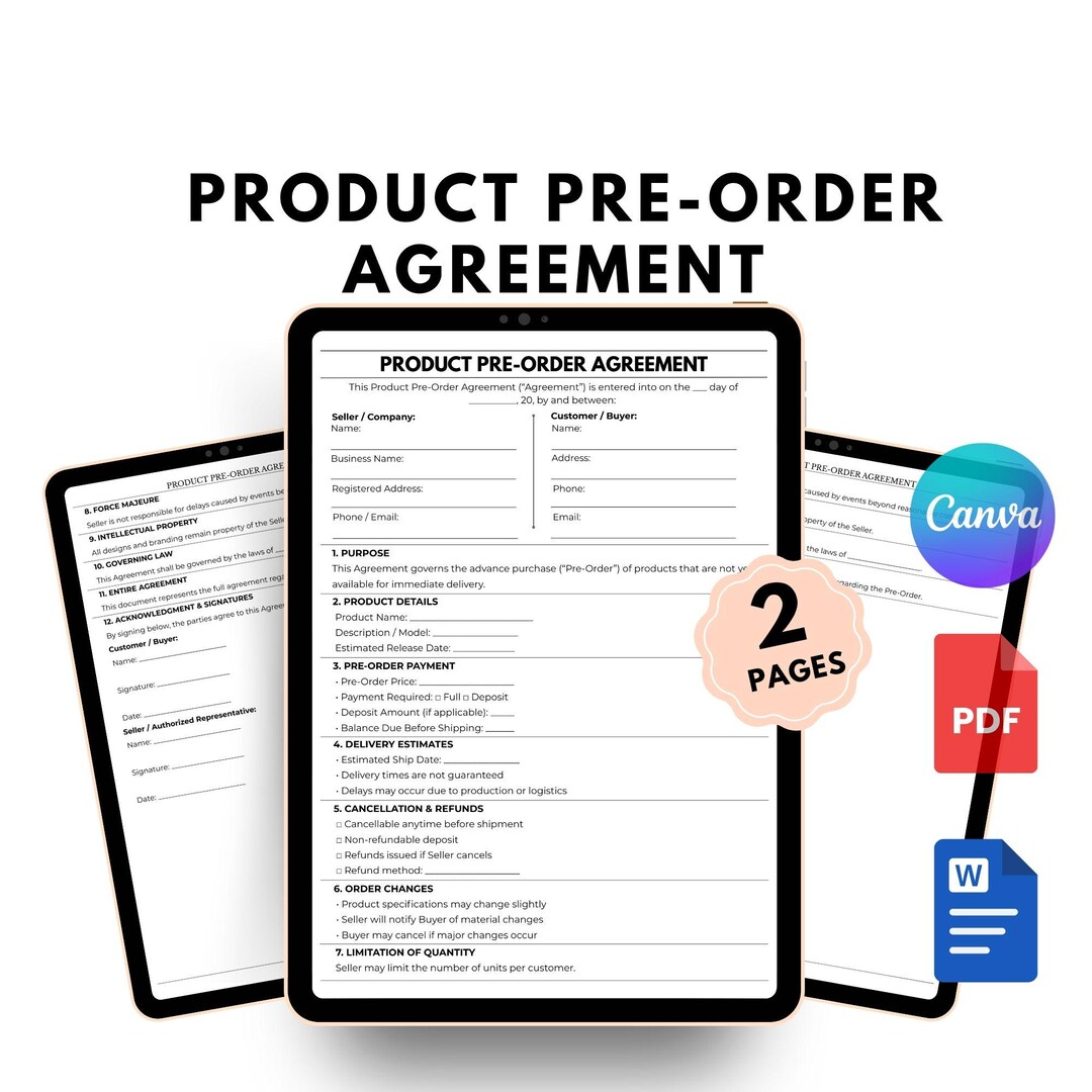Editable Product Pre-order Agreement Template Preorder Contract (PDF ...
