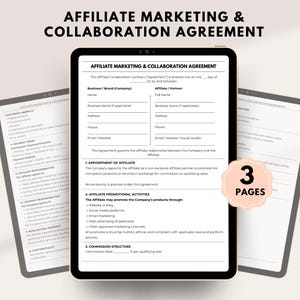 May include: A digital tablet displays an "Affiliate Marketing & Collaboration Agreement" document. The document includes sections for business information, affiliate details, and promotional activities. The image also shows two additional documents and a "3 Pages" graphic.