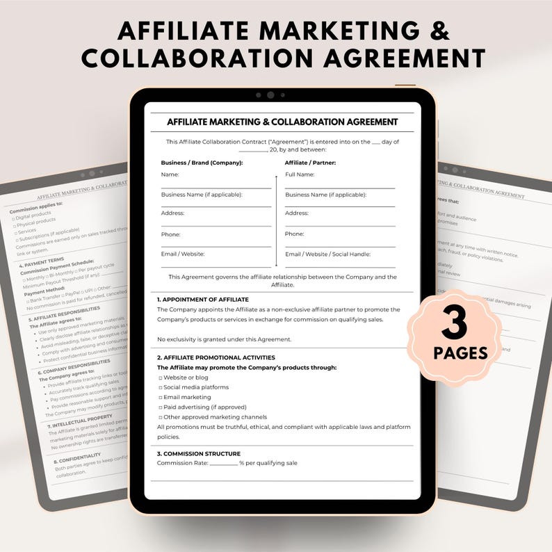 May include: A digital tablet displays an "Affiliate Marketing & Collaboration Agreement" document. The document includes sections for business information, affiliate details, and promotional activities. The image also shows two additional documents and a "3 Pages" graphic.