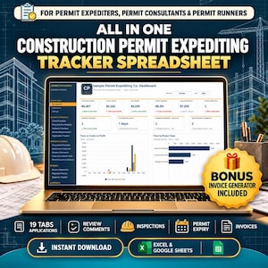 May include: A laptop displaying a construction permit expediting tracker spreadsheet dashboard with charts and data. Text includes "ALL IN ONE CONSTRUCTION PERMIT EXPEDITING TRACKER SPREADSHEET" and a "BONUS INVOICE GENERATOR INCLUDED" badge.