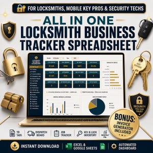 Locksmith Business Tracker Spreadsheet Excel Google Sheets Job Dispatch Invoice Inventory Template Small Business Bookkeeping Planner