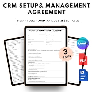 Puede incluir: Una plantilla digital de Acuerdo de Configuración y Gestión de CRM, disponible para descarga instantánea en tamaños A4 y US. La imagen muestra una tableta que muestra el acuerdo, con iconos para Canva, PDF y Word.