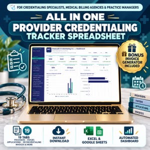 May include: A laptop displaying an all-in-one provider credentialing tracker spreadsheet dashboard. The screen shows financial data, charts, and credentialing metrics. A stethoscope and a stack of labeled books are visible nearby.