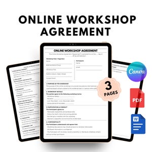 Puede incluir: Tres tabletas muestran un Acuerdo de Taller en Línea, detallando los detalles del taller, la participación y la confidencialidad. Se ve una insignia de '3 páginas', junto con iconos de Canva, PDF y Word. El acuerdo está diseñado para uso en línea.