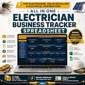 Puede incluir: Una hoja de cálculo digital para el seguimiento de negocios de electricistas en la pantalla de un portátil. La interfaz incluye un panel automatizado, gestión de trabajos y herramientas de seguimiento financiero. Incluye generador de facturas.