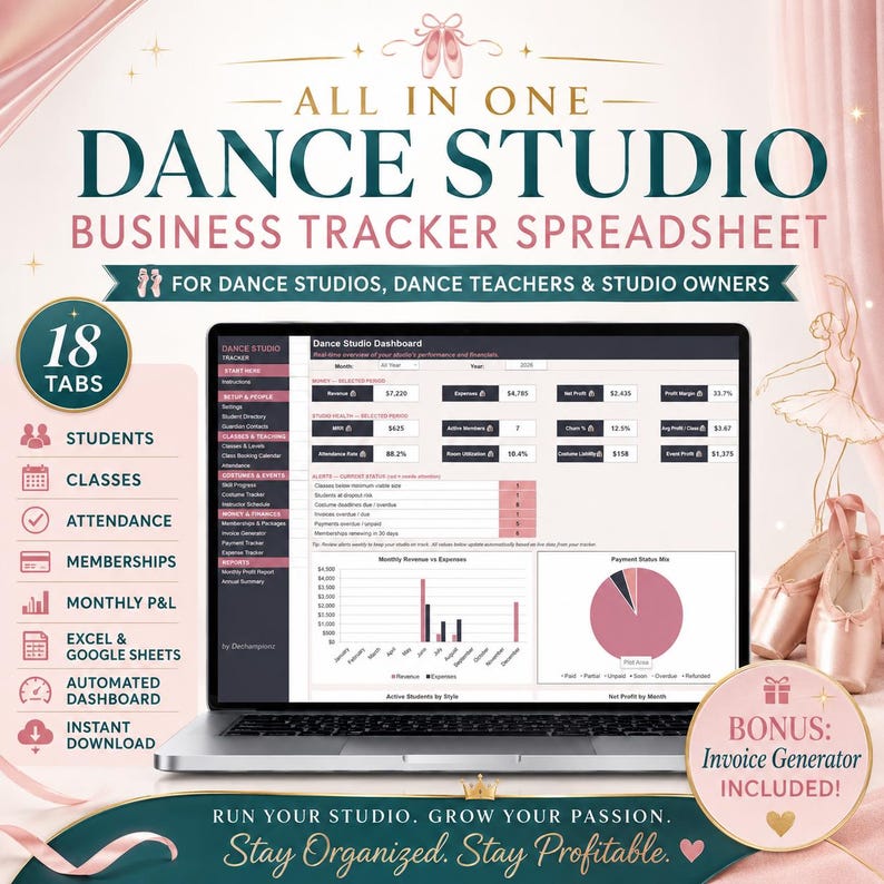 Dance Studio Business Tracker Excel Google Sheets | Student Attendance ...