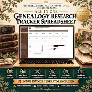 May include: A laptop displaying an All In One Genealogy Research Tracker Spreadsheet dashboard. The screen shows data charts, financial metrics, and project status. The interface includes tabs for projects, research hours, sources, evidence, and invoices.