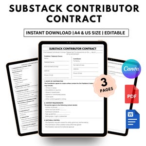 Puede incluir: Una plantilla digital de Contrato de Colaborador de Substack, disponible para descarga instantánea en tamaños A4 y US Letter. El contrato editable se muestra en una tableta, con iconos para Canva, PDF y documentos de Word. El contrato tiene 3 páginas.