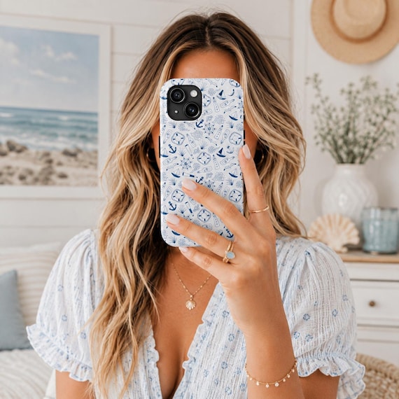 Blue Nantucket Nautical Phone Case, Coastal Lighthouse Beach Print, Summer Tough Case for iPhone and Samsung