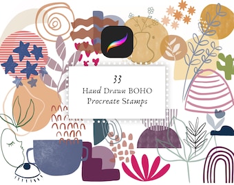 May include: A digital art graphic featuring 33 hand-drawn boho Procreate stamps. The design includes various shapes, stars, leaves, and floral elements in a palette of blue, pink, orange, and brown. A Procreate app icon is also present.