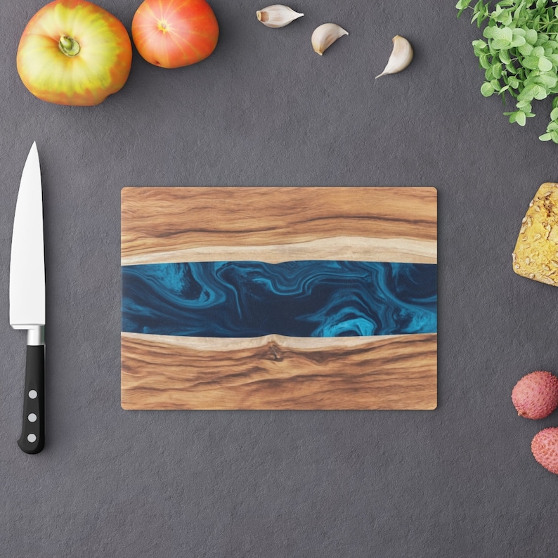 Glass Cutting Board with Blue Ocean Epoxy Resin Art Print Charcuterie, Cheese, Serving Tray Personalized Kitchen Decor Wedding Gift Small