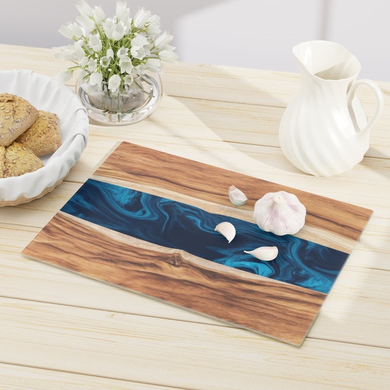 Glass Cutting Board with Blue Ocean Epoxy Resin Art Print Charcuterie, Cheese, Serving Tray Personalized Kitchen Decor Wedding Gift image 7