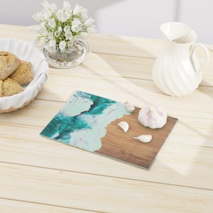 Glass Board with Art print of Ocean Waves Wood Epoxy Resin Cutting, Charcuterie, Cheese Board or Serving Tray Blank or Personalized image 6