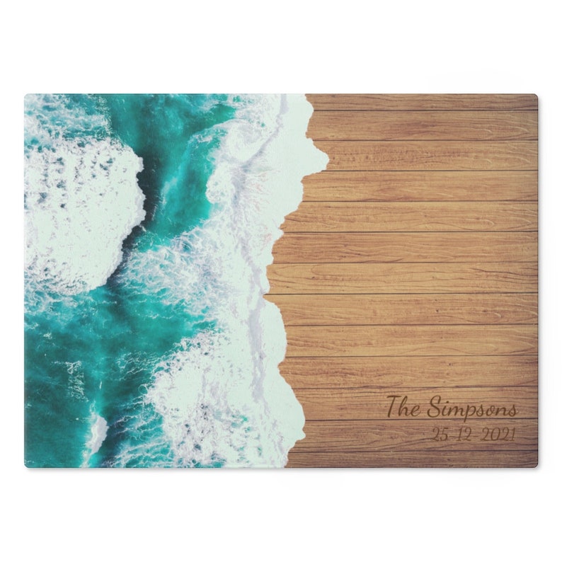 Glass Board with Art print of Ocean Waves Wood Epoxy Resin Cutting, Charcuterie, Cheese Board or Serving Tray Blank or Personalized image 2