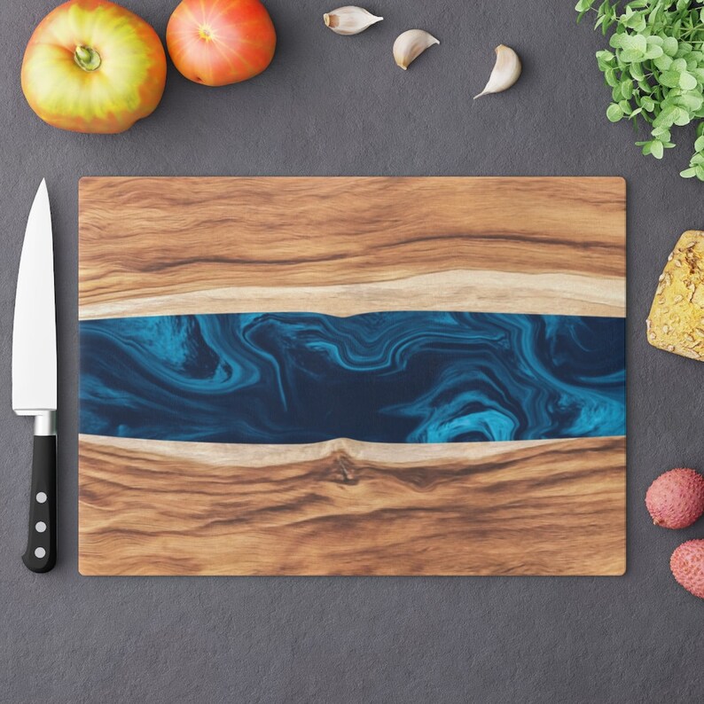 Glass Cutting Board with Blue Ocean Epoxy Resin Art Print Charcuterie, Cheese, Serving Tray Personalized Kitchen Decor Wedding Gift Large