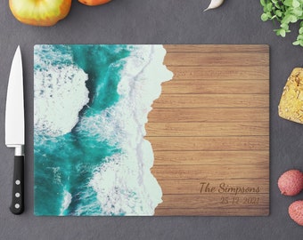 Glass Board with Art print of Ocean Waves Wood Epoxy Resin | Cutting, Charcuterie, Cheese Board or Serving Tray | Blank or Personalized