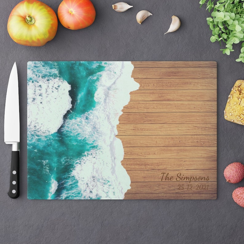 Glass Board with Art print of Ocean Waves Wood Epoxy Resin Cutting, Charcuterie, Cheese Board or Serving Tray Blank or Personalized Large