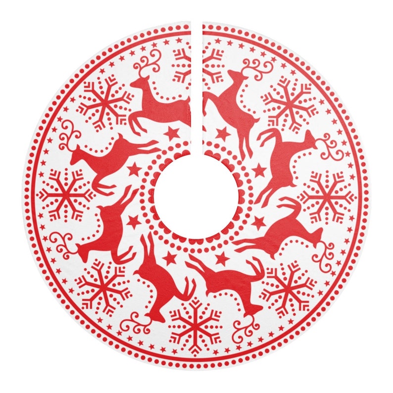 Scandinavian Folk Art Red Reindeer Christmas Tree Skirt image 2