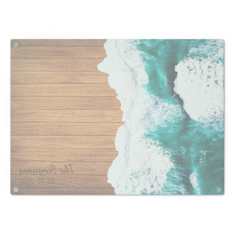 Glass Board with Art print of Ocean Waves Wood Epoxy Resin Cutting, Charcuterie, Cheese Board or Serving Tray Blank or Personalized image 3