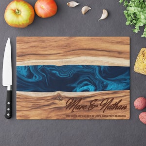 Glass Cutting Board with Blue Ocean Epoxy Resin Art Print Charcuterie, Cheese, Serving Tray Personalized Kitchen Decor Wedding Gift image 1
