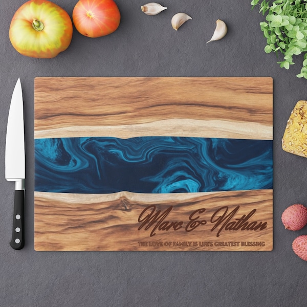 Glass Cutting Board with Blue Ocean Epoxy Resin Art Print | Charcuterie, Cheese, Serving Tray | Personalized | Kitchen Decor | Wedding Gift
