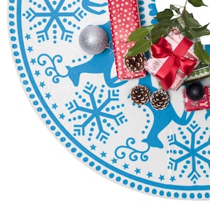 Scandinavian Folk Art Blue Reindeer Christmas Tree Skirt