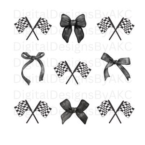 May include: Nine black and white checkered racing flags and black bows. The flags are crossed and the bows are tied with a ribbon.