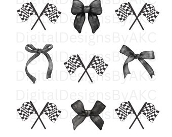 May include: Nine black and white checkered racing flags and black bows. The flags are crossed and the bows are tied with a ribbon.