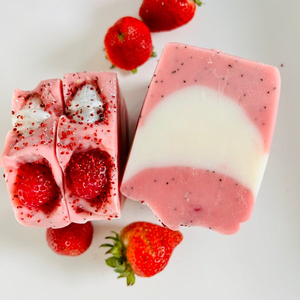 Strawberry Shortcake Soap //PINK soap// strawberry soap// essential oil soaps// VALENTINES soap// handmade soap // tropical lemon soap