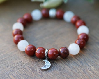 Lithotherapy bracelet Natural stone Red Jasper and Rock Crystal sterility tension circulation blood moon 8mm
