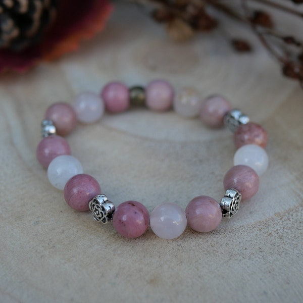 Children's lithotherapy bracelet Rose Quartz and Rhodochrosite sleep anger serenity calm pain with 8mm pearl flower