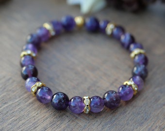 "Soothing" bracelet in Amethyst with gold or silver zircon charm 8 mm beads Meditation Insomnia Depression Protection Serenity