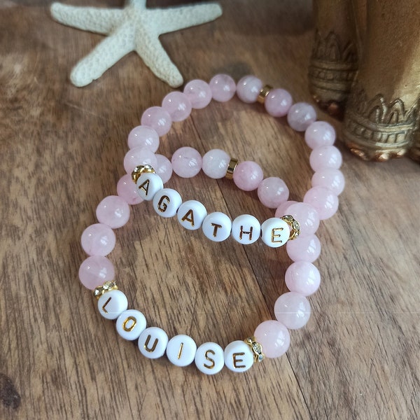 Bracelet personnalisé  Quartz Rose ou blanc prénom ou message et pierres au choix en 8 mm 6 mm