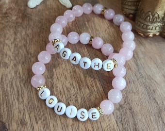 Bracelet personnalisé  Quartz Rose ou autres perles au choix - prénom ou message en perles de 8 mm