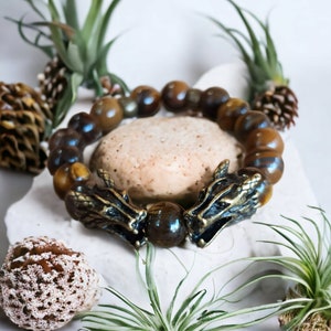 May include: A brown tiger's eye beaded bracelet with gold dragon head clasps. The bracelet is on a white surface with small plants.