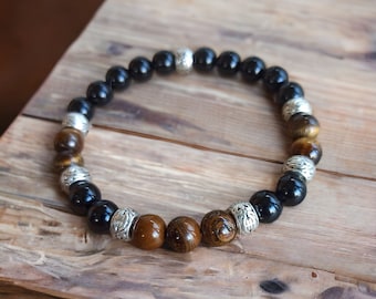 Pulsera litoterapia hombre obsidiana, ojo de tigre con separador acero inoxidable Tibetana Protección Serenidad Dolor Depresión 8 mm