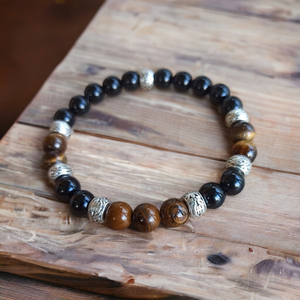 Bracelet lithotherapy man obsidian, tiger's eye with separator stainless steel Tibetan Protection Serenity Pain Depression 8 mm