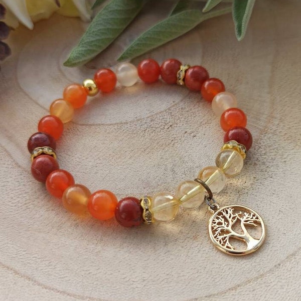 Bracelet en perles naturelles de Citrine Cornaline et Jaspe Rouge avec arbre de Vie en médaille, lithotherapie idéal sérénité chance  8 mm