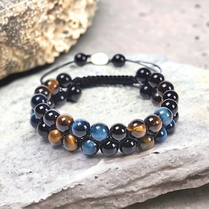 Lithotherapy bracelet obsidian tiger eye and blue hawk eye in macrame Protection serenity Balance Strength in 8 mm pearl