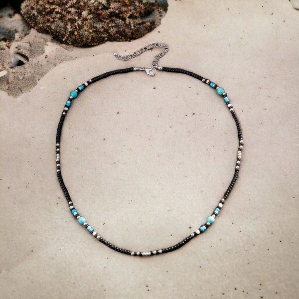 Collier  Femme / Homme perles noires et turquoise en acier inoxydable très tendance. 46 cm + 5 cm ext