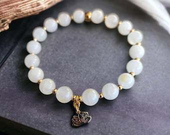 Bracelet en perles véritables perles véritables lithotherapie avec Lotus doré en acier inoxydable, grand choix de pierres disponibles