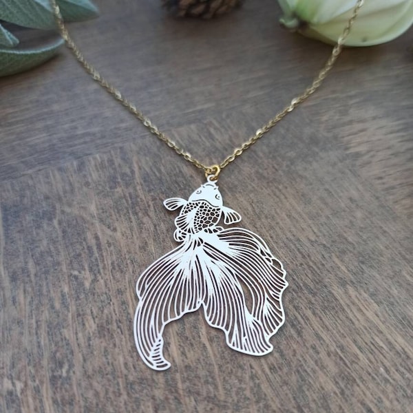 Collier femme en acier inoxydable or avec pendentif poisson filigrane et chaîne Fine de 45 cm