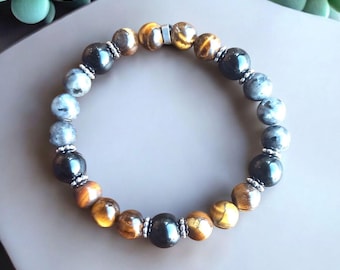 Pulsera triple protección en Obsidiana de 10mm, Labradorita y Ojo de Tigre de 8mm con separadores de acero inoxidable dorado o plateado