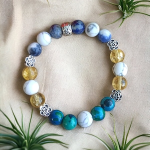 Lithotherapy Bracelet in Natural Stones Soldalite Citrine Chysocolla Hwolite Diabetes Weight Pain Strength Comfort Serenity 8 mm