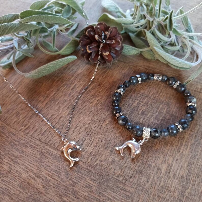 Puede incluir: Un conjunto de collar y pulsera de plata con un dije de delf&iacute;n. El collar tiene una cadena delicada y la pulsera est&aacute; hecha de cuentas negras con detalles plateados.
