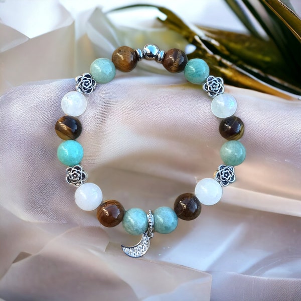 Bracelet femme en pierres naturelles Pierre de lune Amazonite et oeil de tigre avec sa petite lune de 8 mm Fait main Spécial sérénité