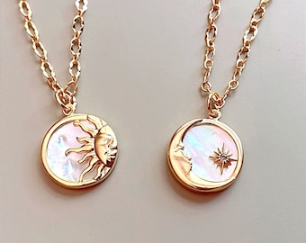 Collier femme lune et soleil en acier inoxydable plaqué or 18 k médaillon avec nacré, chic sobre et tendance