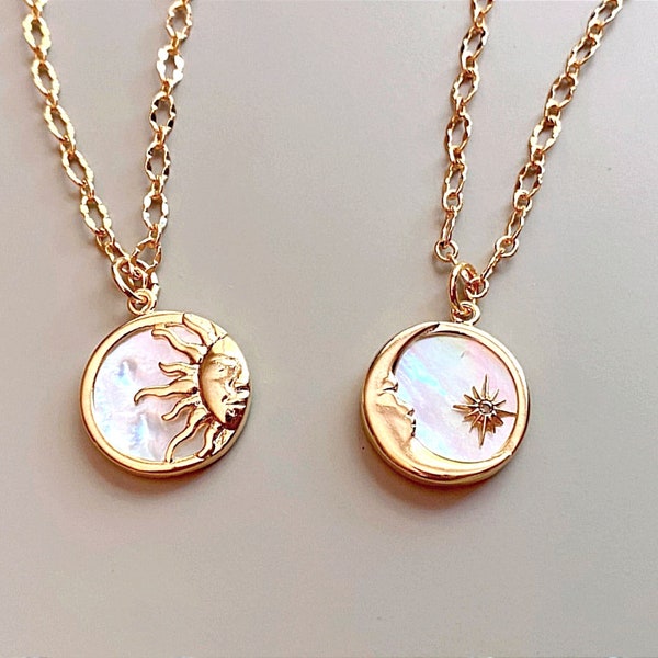 Collier femme lune et soleil en acier inoxydable plaqué or 18 k médaillon avec nacré, chic sobre et tendance